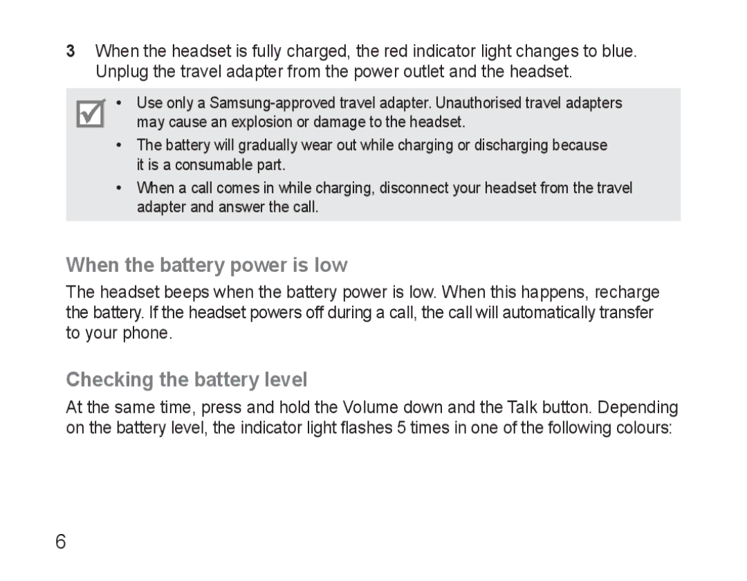 Samsung BHM3500EWECFOP, BHM3500EBECFOP manual When the battery power is low, Checking the battery level 