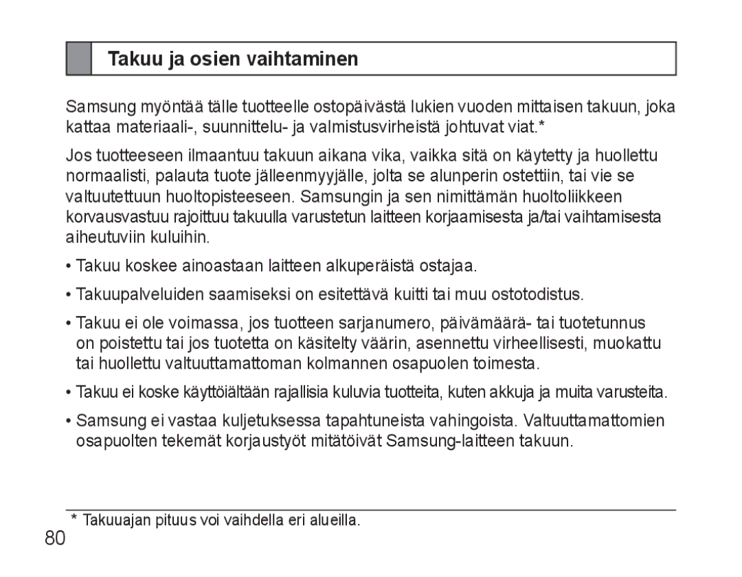 Samsung BHM3500EWECFOP, BHM3500EBECFOP manual Takuu ja osien vaihtaminen 