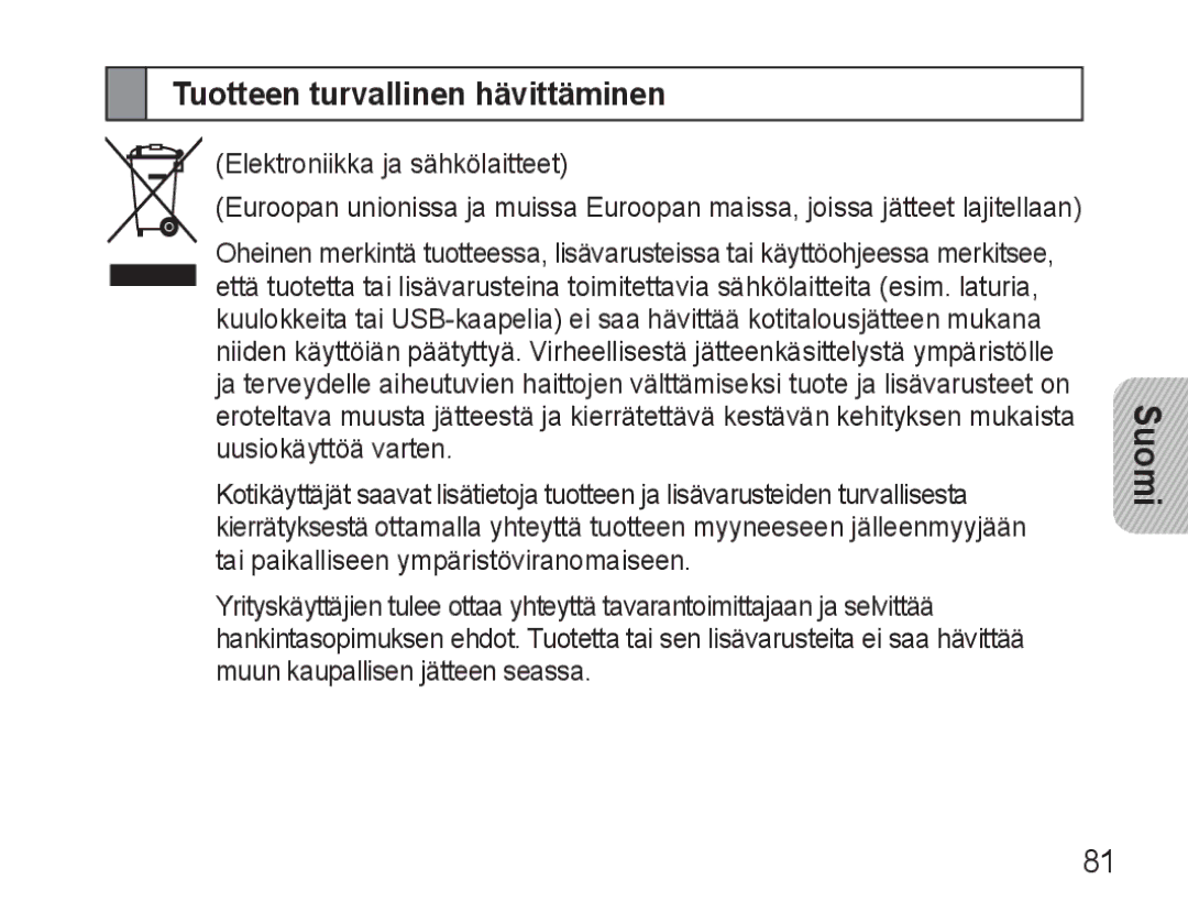 Samsung BHM3500EBECFOP, BHM3500EWECFOP manual Tuotteen turvallinen hävittäminen 