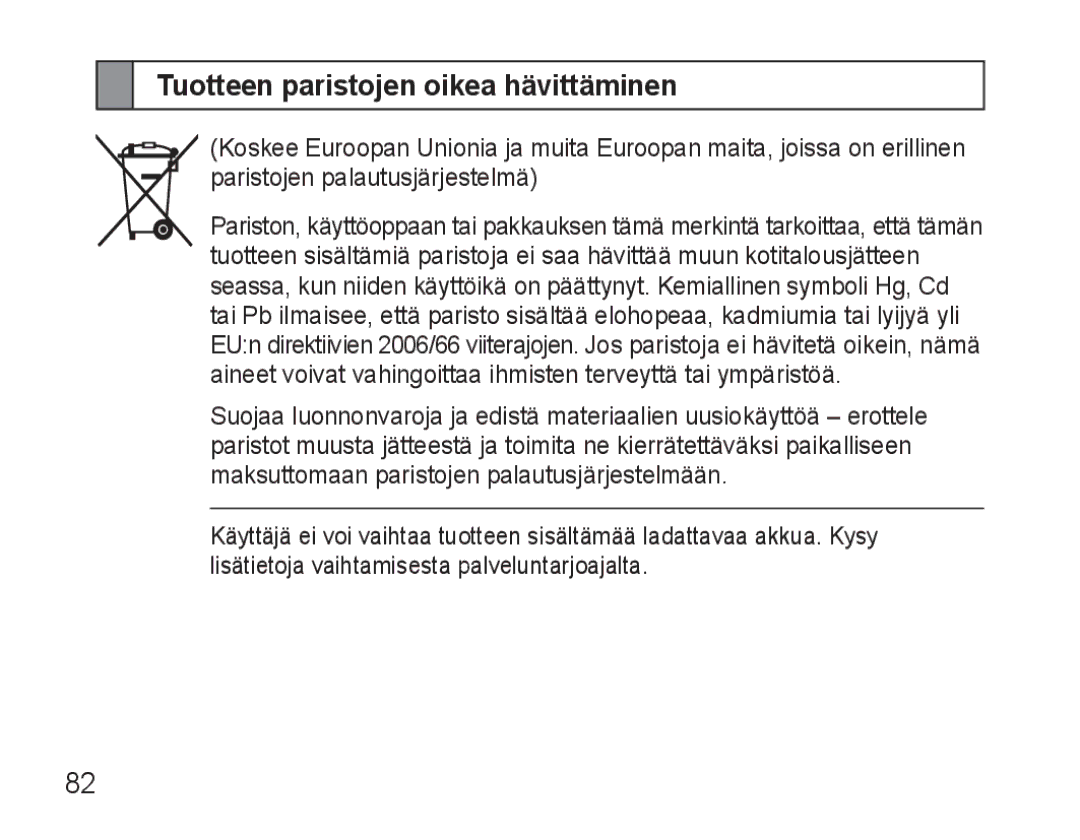 Samsung BHM3500EWECFOP, BHM3500EBECFOP manual Tuotteen paristojen oikea hävittäminen 