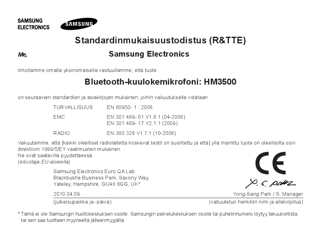 Samsung BHM3500EWECFOP, BHM3500EBECFOP manual Standardinmukaisuustodistus R&TTE, Bluetooth-kuulokemikrofoni HM3500 