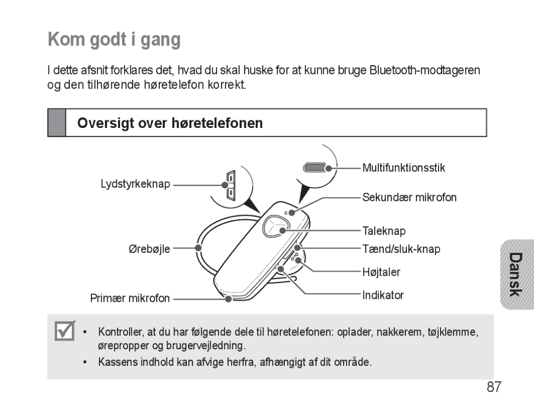 Samsung BHM3500EBECFOP, BHM3500EWECFOP manual Kom godt i gang, Oversigt over høretelefonen 