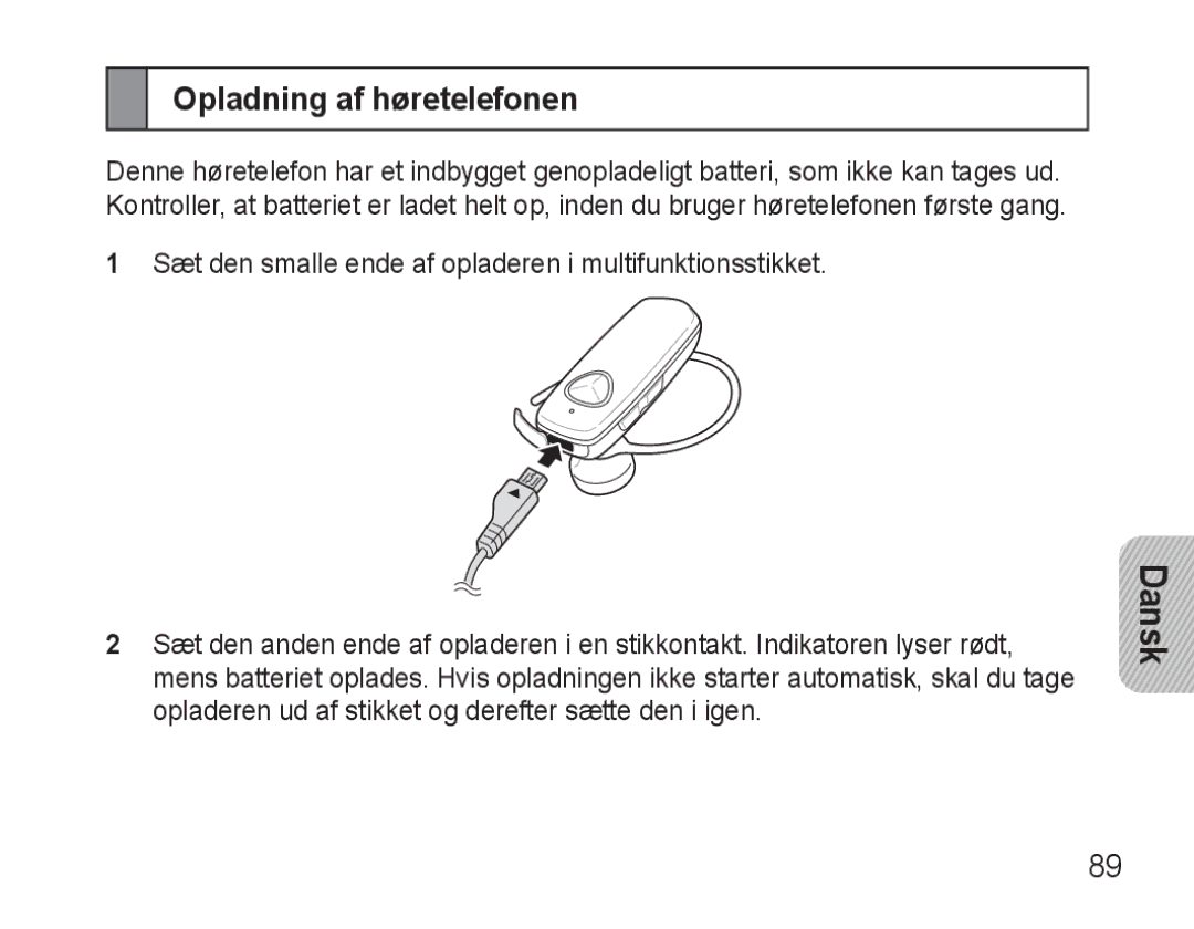 Samsung BHM3500EBECFOP, BHM3500EWECFOP manual Opladning af høretelefonen 