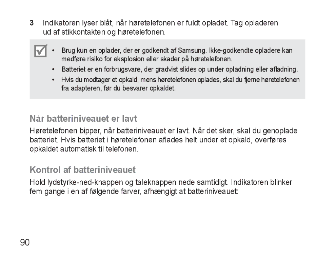 Samsung BHM3500EWECFOP, BHM3500EBECFOP manual Når batteriniveauet er lavt, Kontrol af batteriniveauet 