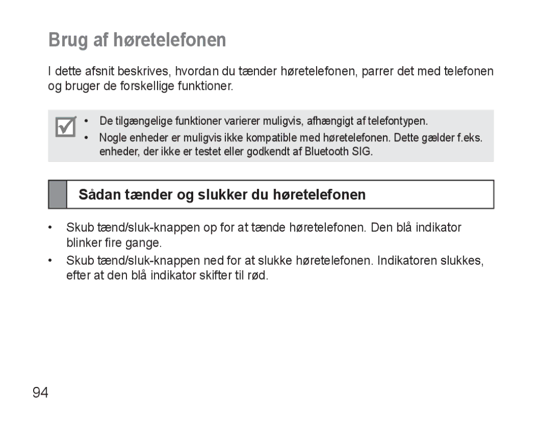 Samsung BHM3500EWECFOP, BHM3500EBECFOP manual Brug af høretelefonen, Sådan tænder og slukker du høretelefonen 