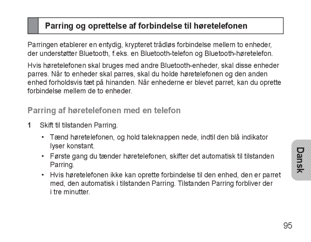 Samsung BHM3500EBECFOP Parring og oprettelse af forbindelse til høretelefonen, Parring af høretelefonen med en telefon 