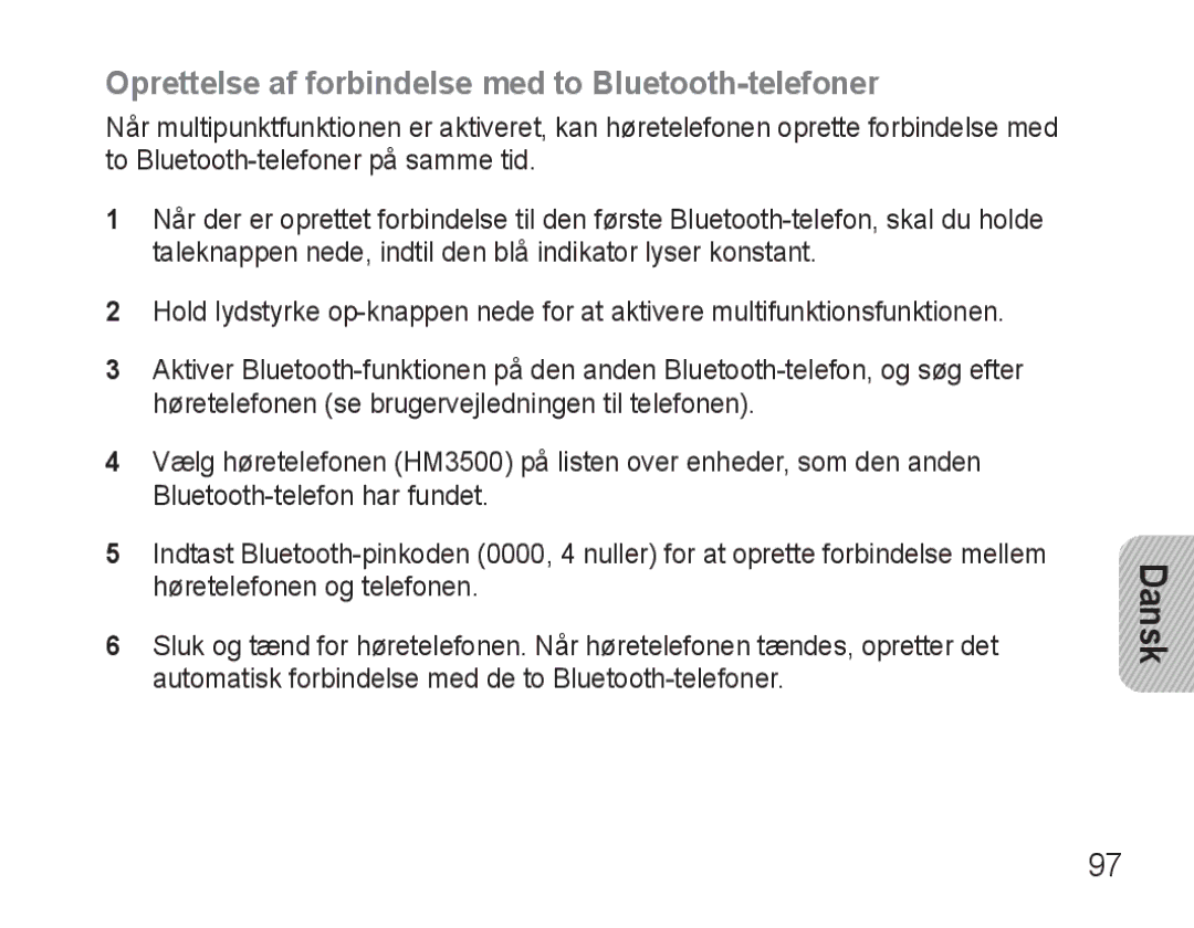 Samsung BHM3500EBECFOP, BHM3500EWECFOP manual Oprettelse af forbindelse med to Bluetooth-telefoner 