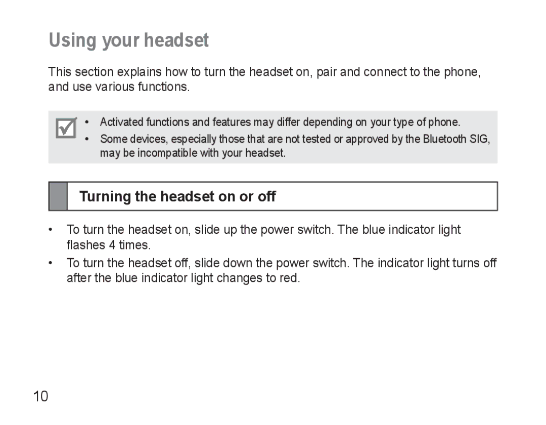 Samsung BHM3500EWECFOP, BHM3500EBECFOP manual Using your headset, Turning the headset on or off 