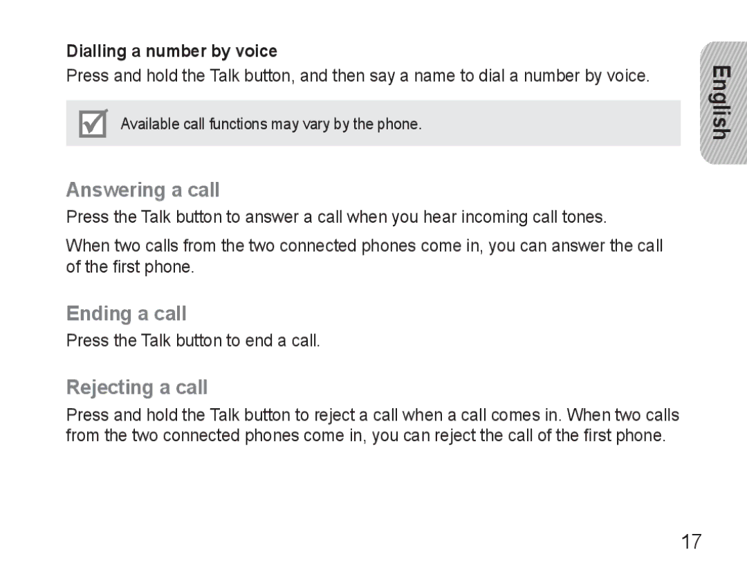 Samsung BHM3500EBECFOP, BHM3500EWECFOP manual Answering a call, Ending a call, Rejecting a call, Dialling a number by voice 