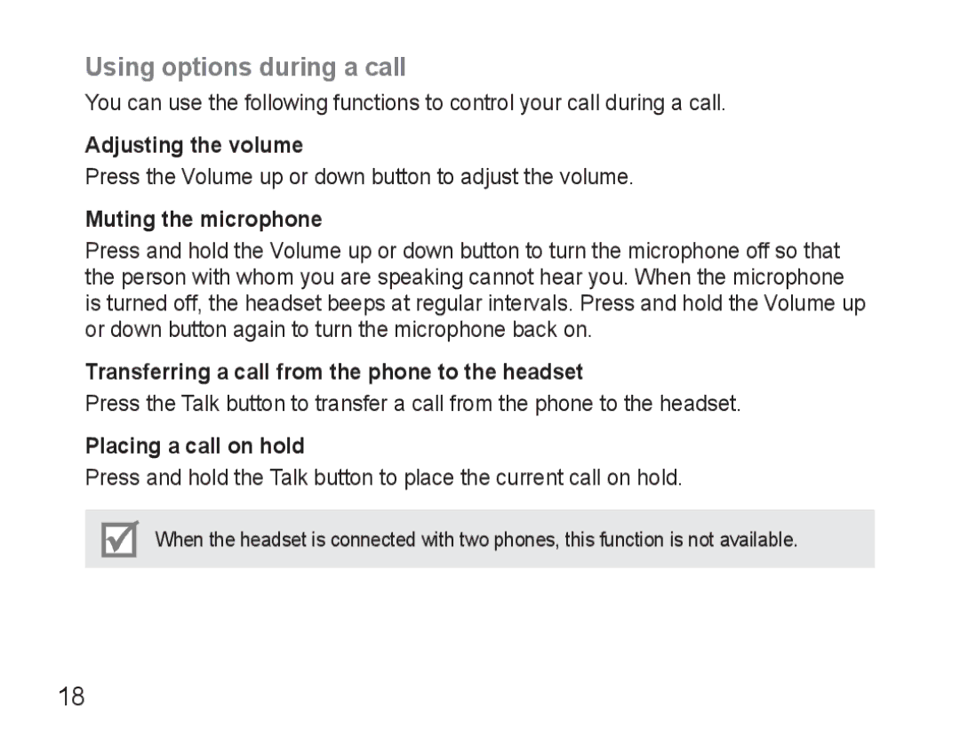 Samsung BHM3500EWECFOP Using options during a call, Adjusting the volume, Muting the microphone, Placing a call on hold 