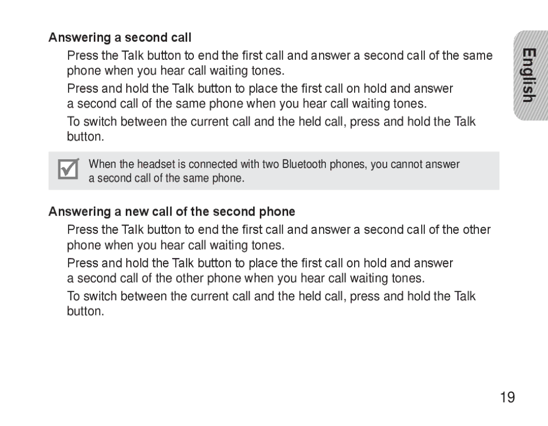 Samsung BHM3500EBECFOP, BHM3500EWECFOP manual Answering a second call, Answering a new call of the second phone 