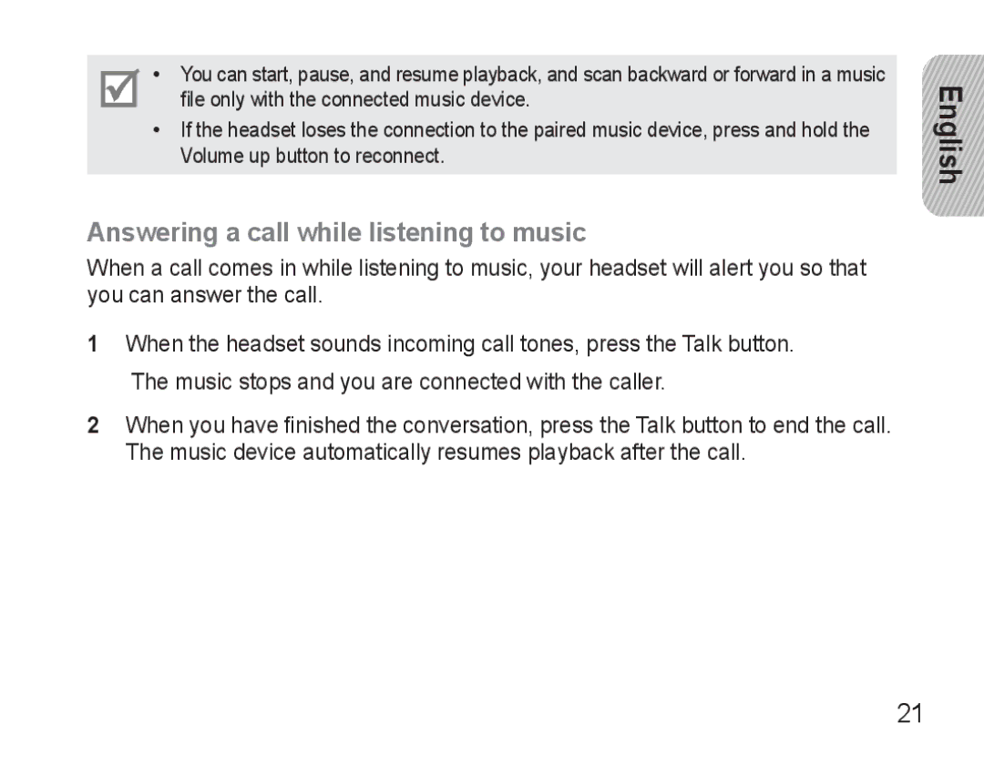 Samsung BHM3500EBECFOP, BHM3500EWECFOP manual Answering a call while listening to music 