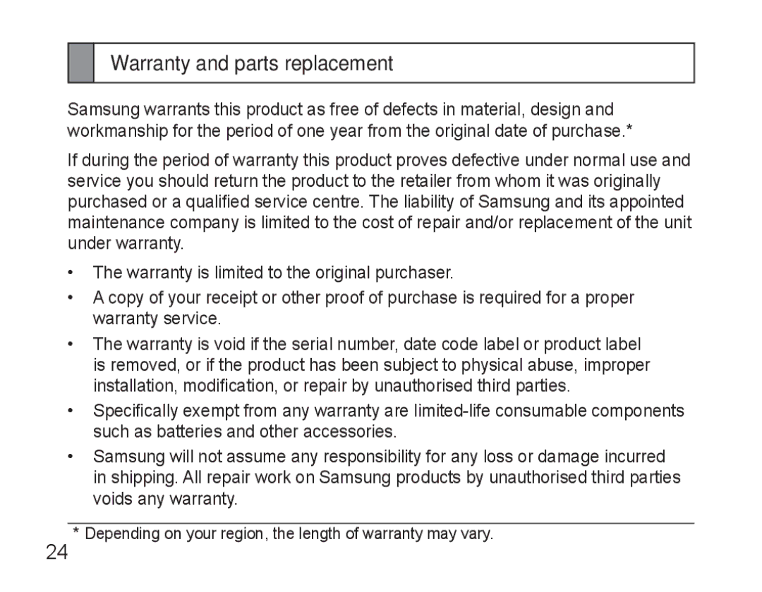 Samsung BHM3500EWECFOP, BHM3500EBECFOP manual Warranty and parts replacement 