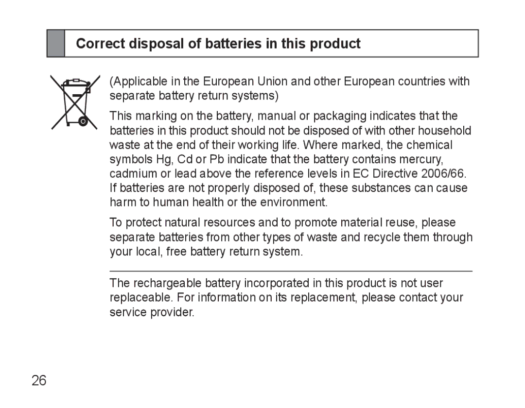 Samsung BHM3500EWECFOP, BHM3500EBECFOP manual Correct disposal of batteries in this product 