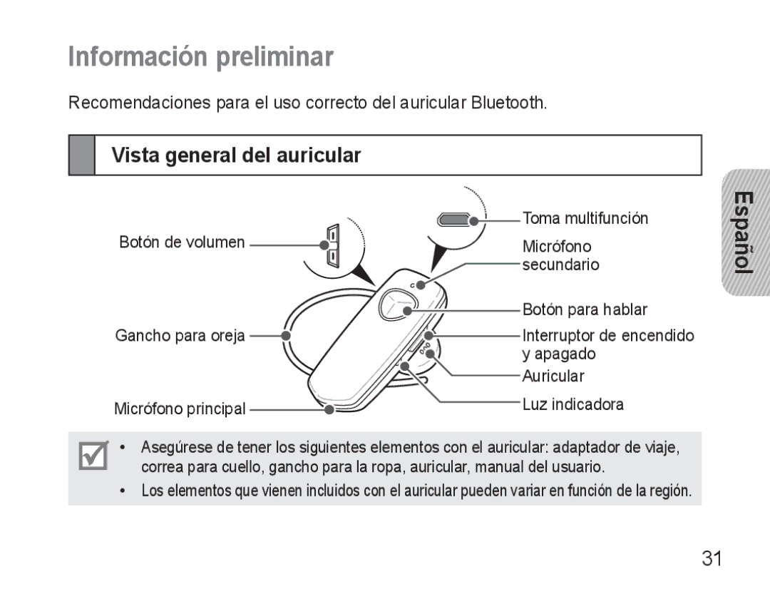 Samsung BHM3500EBECFOP, BHM3500EWECFOP manual Información preliminar, Vista general del auricular 