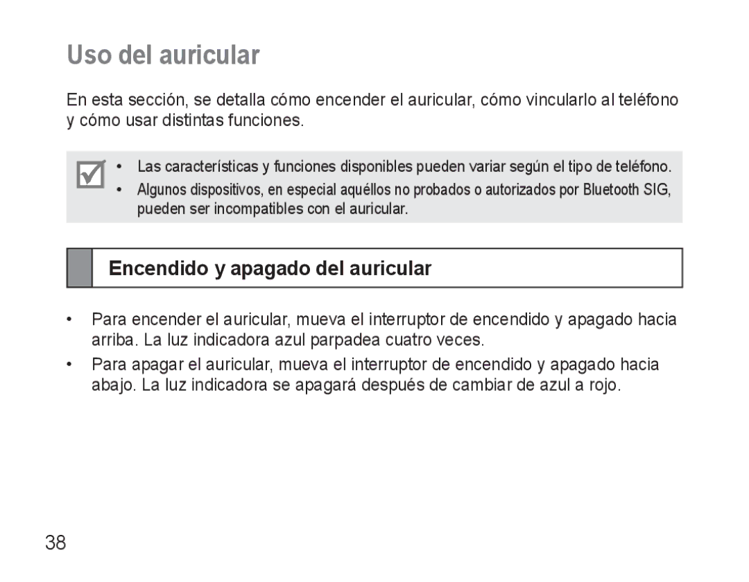 Samsung BHM3500EWECFOP, BHM3500EBECFOP manual Uso del auricular, Encendido y apagado del auricular 