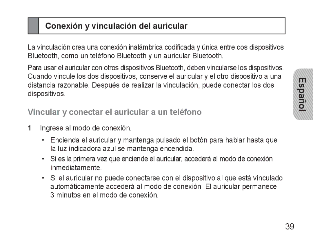 Samsung BHM3500EBECFOP manual Conexión y vinculación del auricular, Vincular y conectar el auricular a un teléfono 