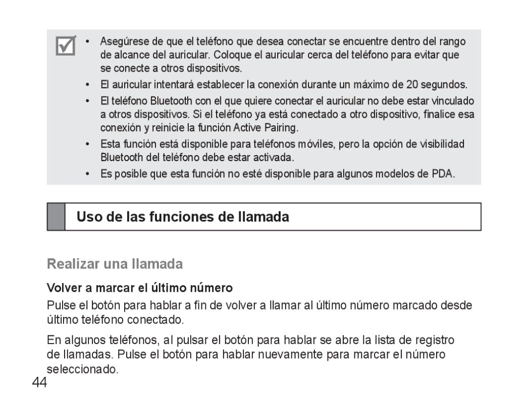 Samsung BHM3500EWECFOP manual Uso de las funciones de llamada, Realizar una llamada, Volver a marcar el último número 