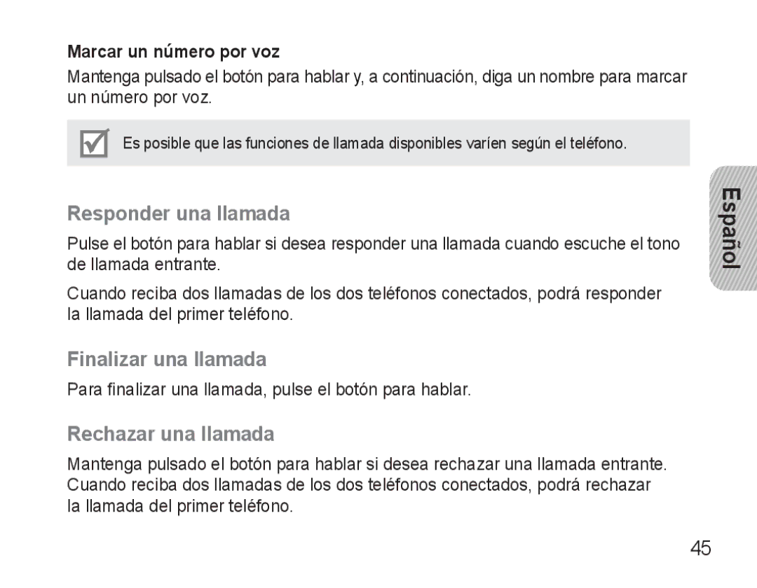 Samsung BHM3500EBECFOP manual Responder una llamada, Finalizar una llamada, Rechazar una llamada, Marcar un número por voz 