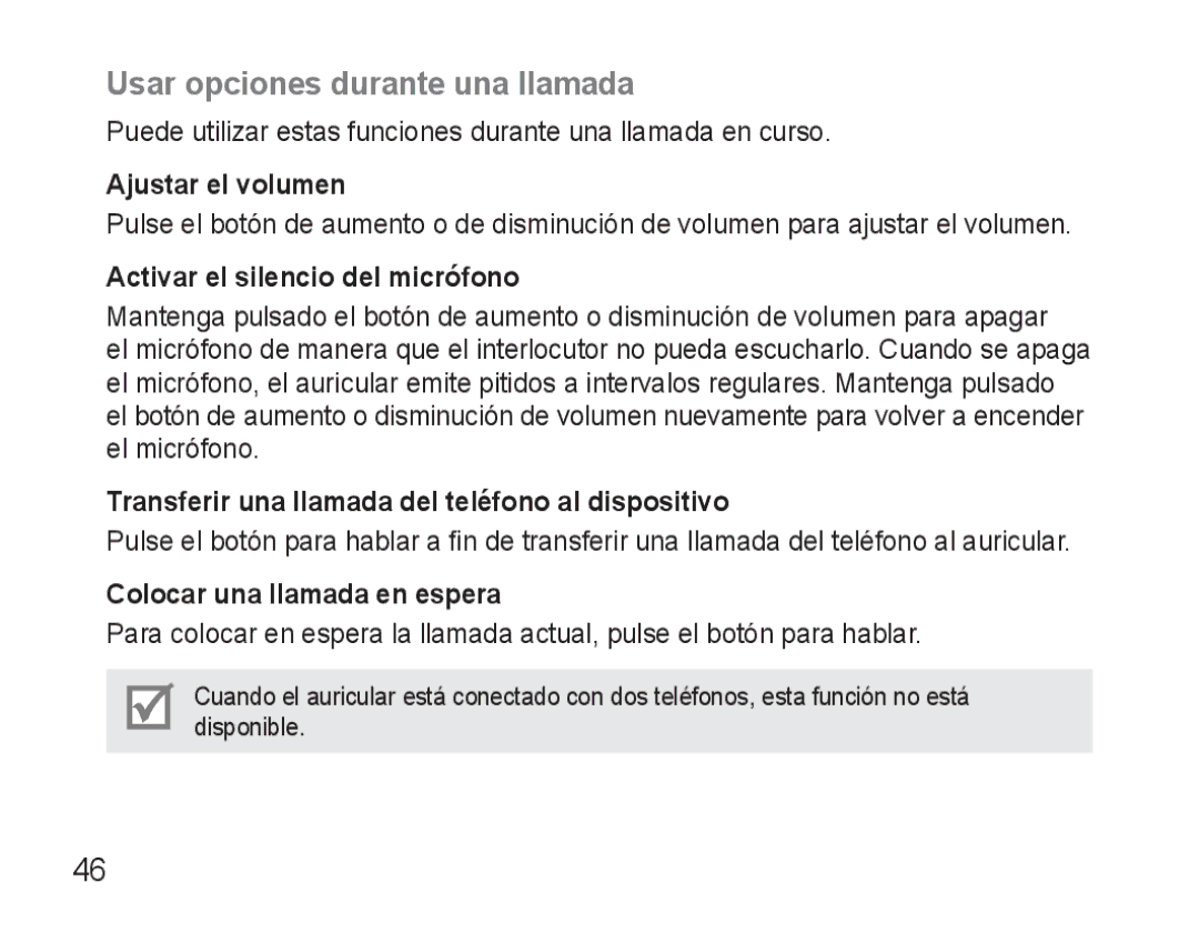 Samsung BHM3500EWECFOP manual Usar opciones durante una llamada, Ajustar el volumen, Activar el silencio del micrófono 