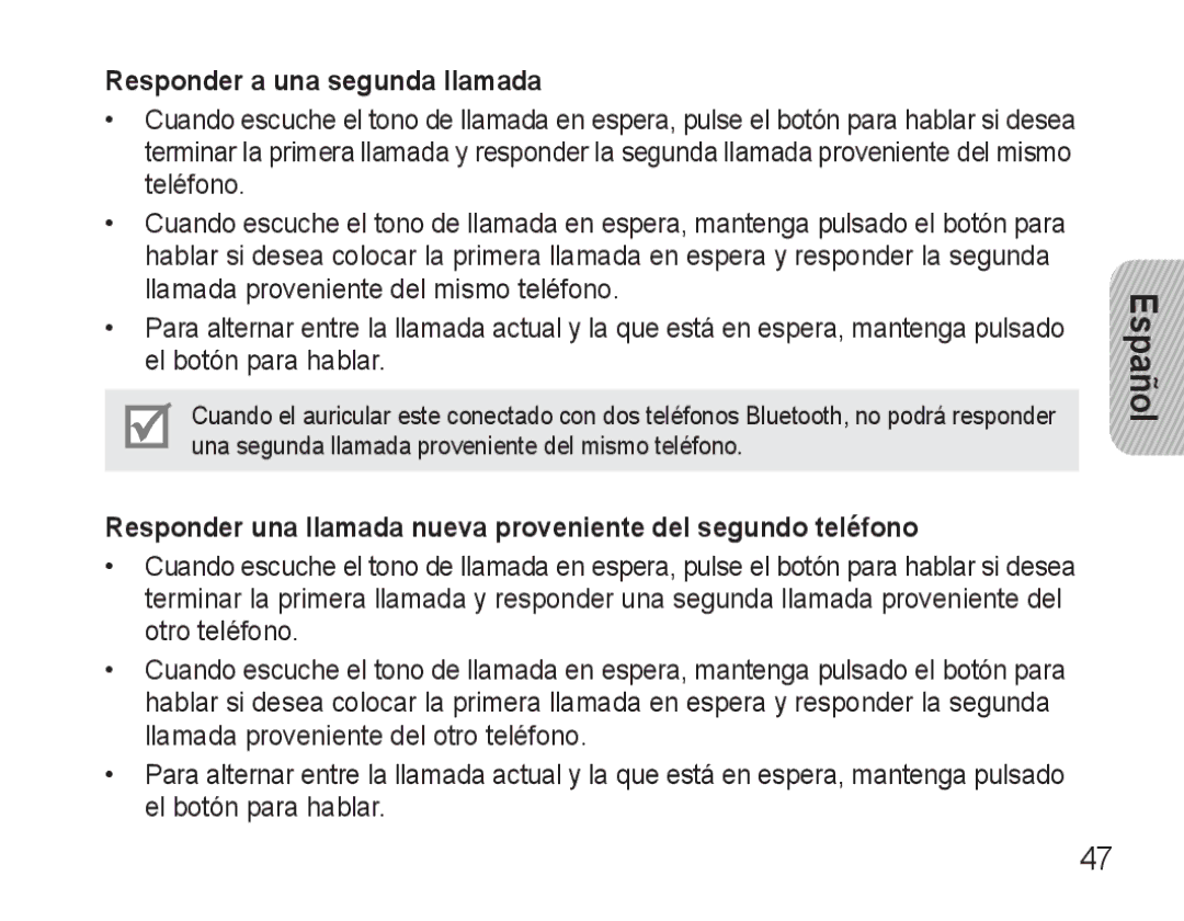 Samsung BHM3500EBECFOP manual Responder a una segunda llamada, Responder una llamada nueva proveniente del segundo teléfono 