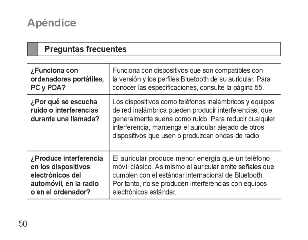 Samsung BHM3500EWECFOP manual Apéndice, Preguntas frecuentes, Interferencia, mantenga el auricular alejado de otros 