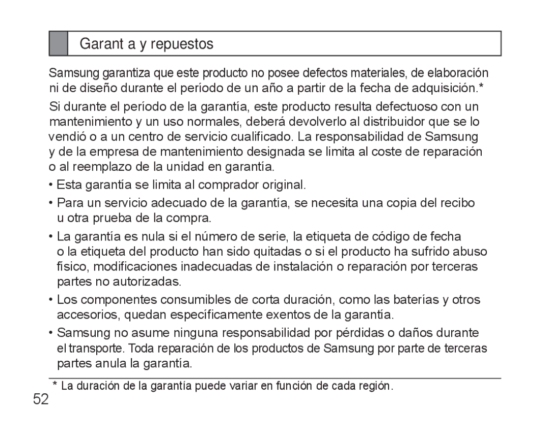 Samsung BHM3500EWECFOP, BHM3500EBECFOP manual Garantía y repuestos 