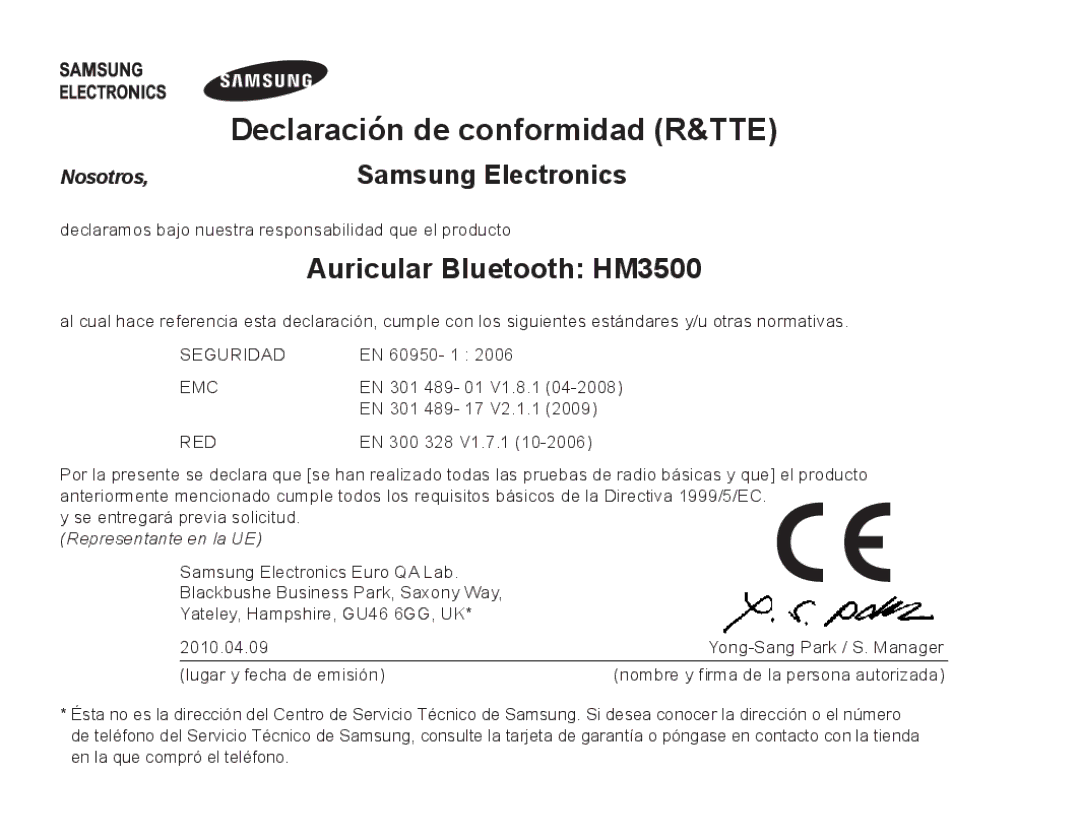 Samsung BHM3500EWECFOP, BHM3500EBECFOP manual Declaración de conformidad R&TTE, Auricular Bluetooth HM3500 