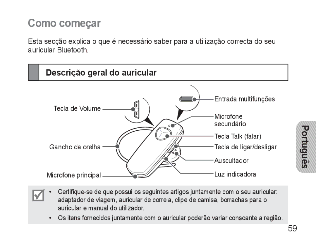 Samsung BHM3500EBECFOP, BHM3500EWECFOP manual Como começar, Descrição geral do auricular 