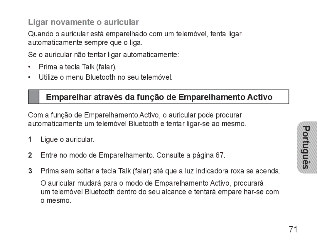 Samsung BHM3500EBECFOP, BHM3500EWECFOP Ligar novamente o auricular, Emparelhar através da função de Emparelhamento Activo 