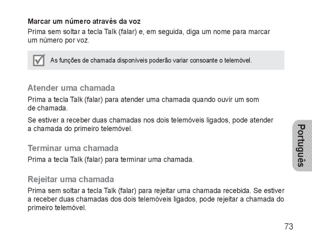 Samsung BHM3500EBECFOP Atender uma chamada, Terminar uma chamada, Rejeitar uma chamada, Marcar um número através da voz 