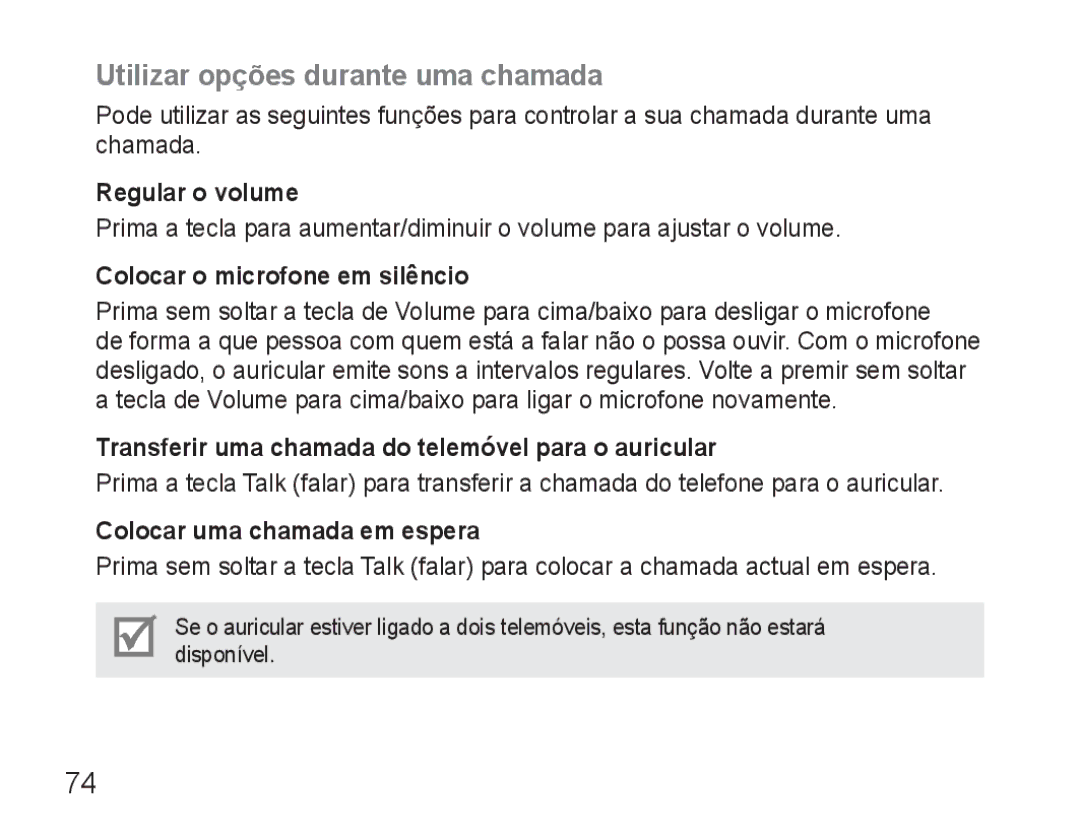 Samsung BHM3500EWECFOP manual Utilizar opções durante uma chamada, Regular o volume, Colocar o microfone em silêncio 