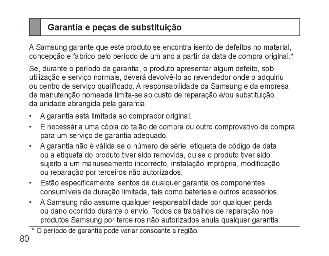 Samsung BHM3500EWECFOP, BHM3500EBECFOP manual Garantia e peças de substituição 