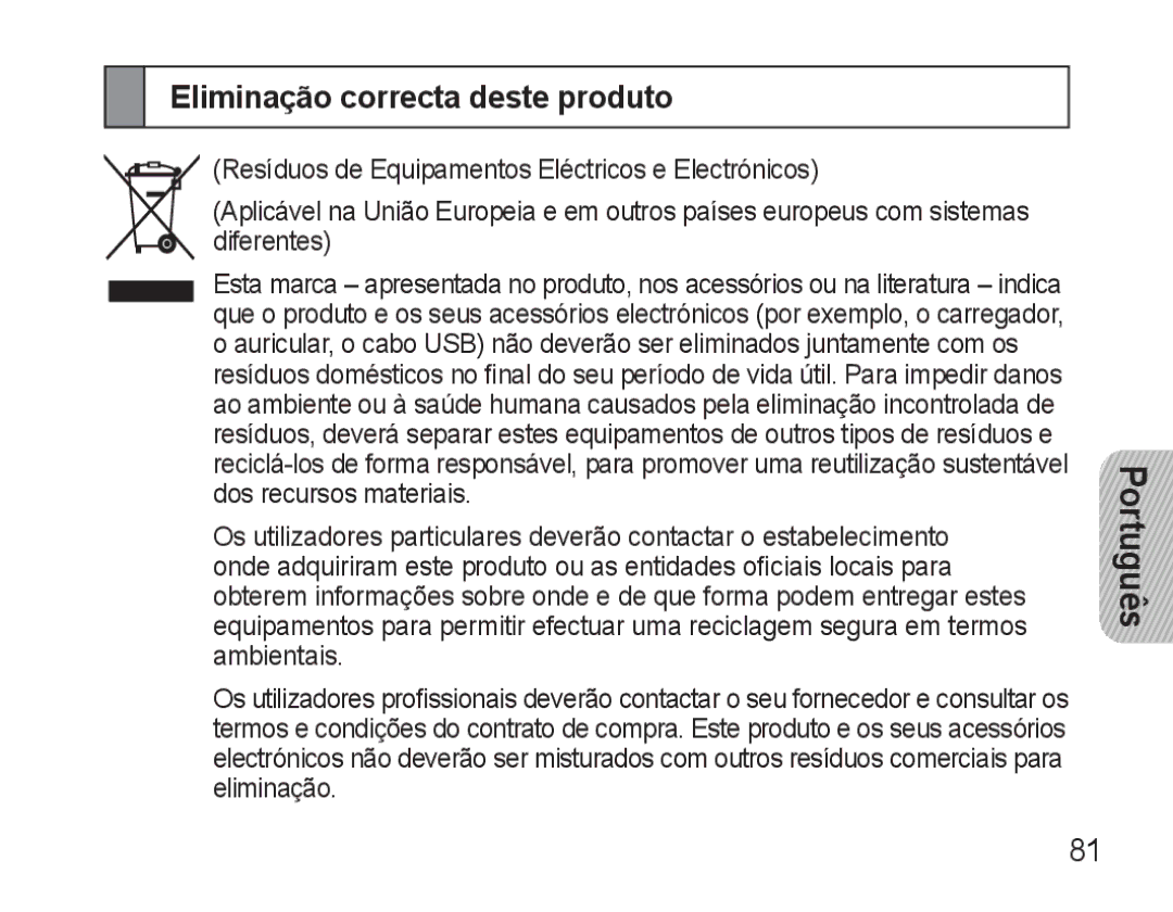 Samsung BHM3500EBECFOP, BHM3500EWECFOP manual Eliminação correcta deste produto 