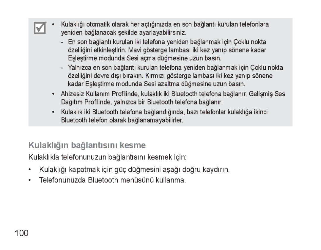 Samsung BHM3500EBECXEH, BHM3500EWECXEH manual Kulaklığın bağlantısını kesme, 100 