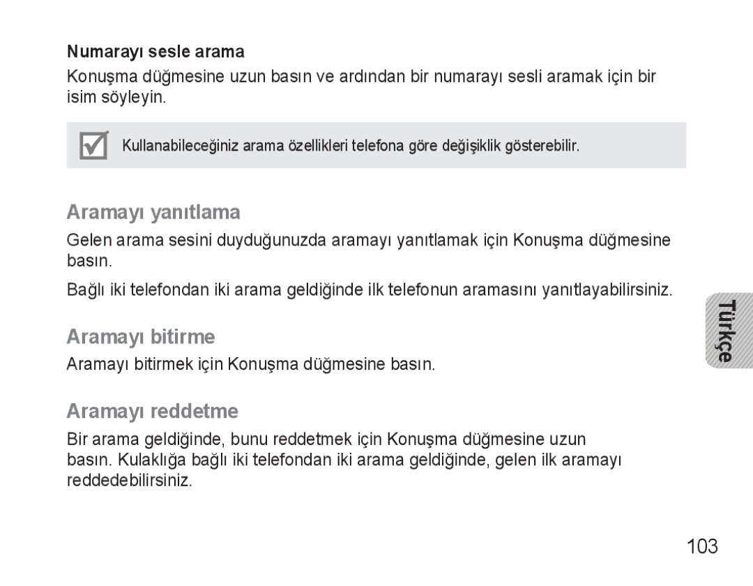 Samsung BHM3500EWECXEH, BHM3500EBECXEH Aramayı yanıtlama, Aramayı bitirme, Aramayı reddetme, 103, Numarayı sesle arama 