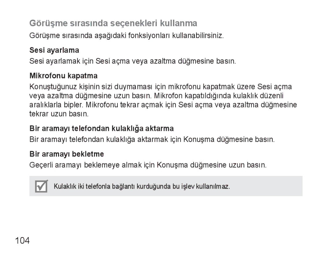 Samsung BHM3500EBECXEH, BHM3500EWECXEH manual Görüşme sırasında seçenekleri kullanma, 104 