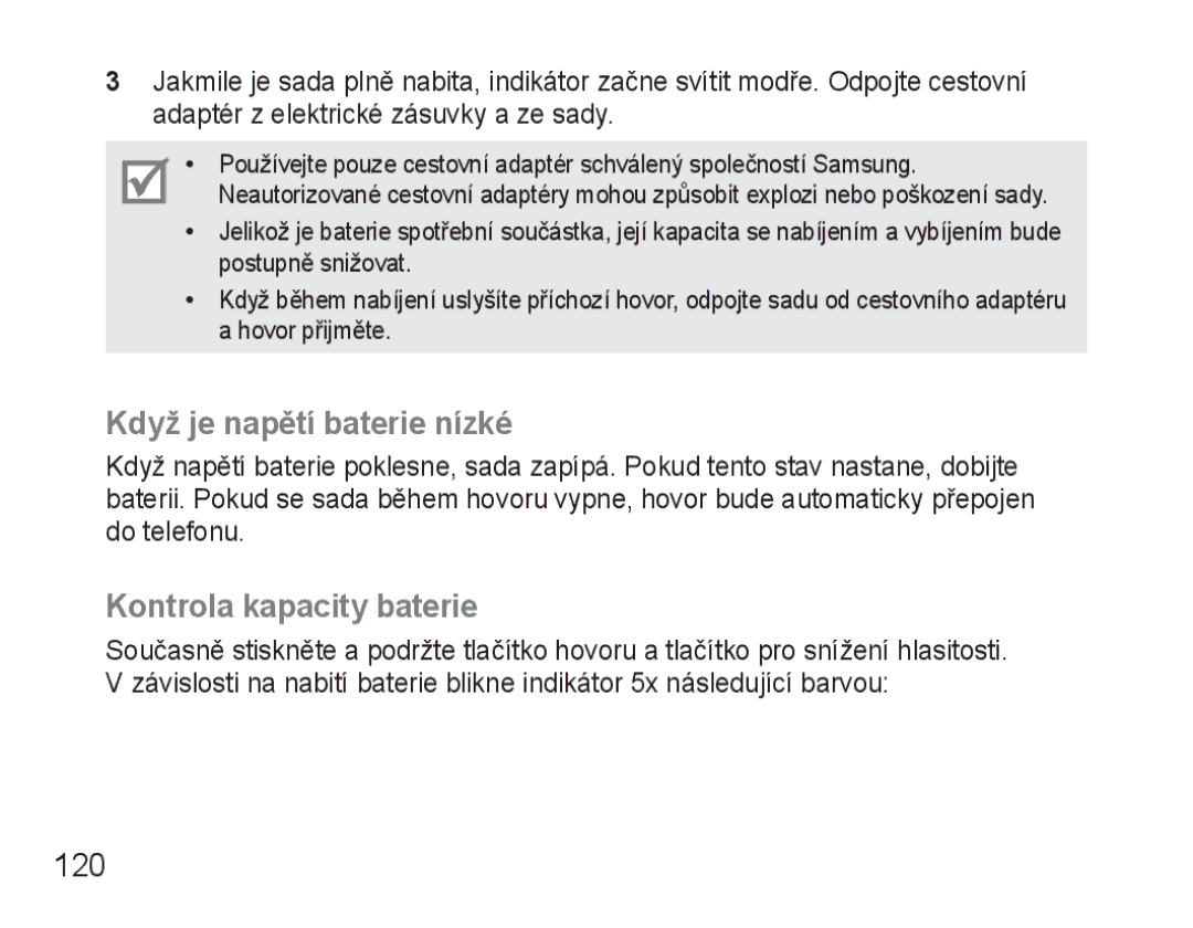 Samsung BHM3500EBECXEH, BHM3500EWECXEH manual Když je napětí baterie nízké, Kontrola kapacity baterie, 120 