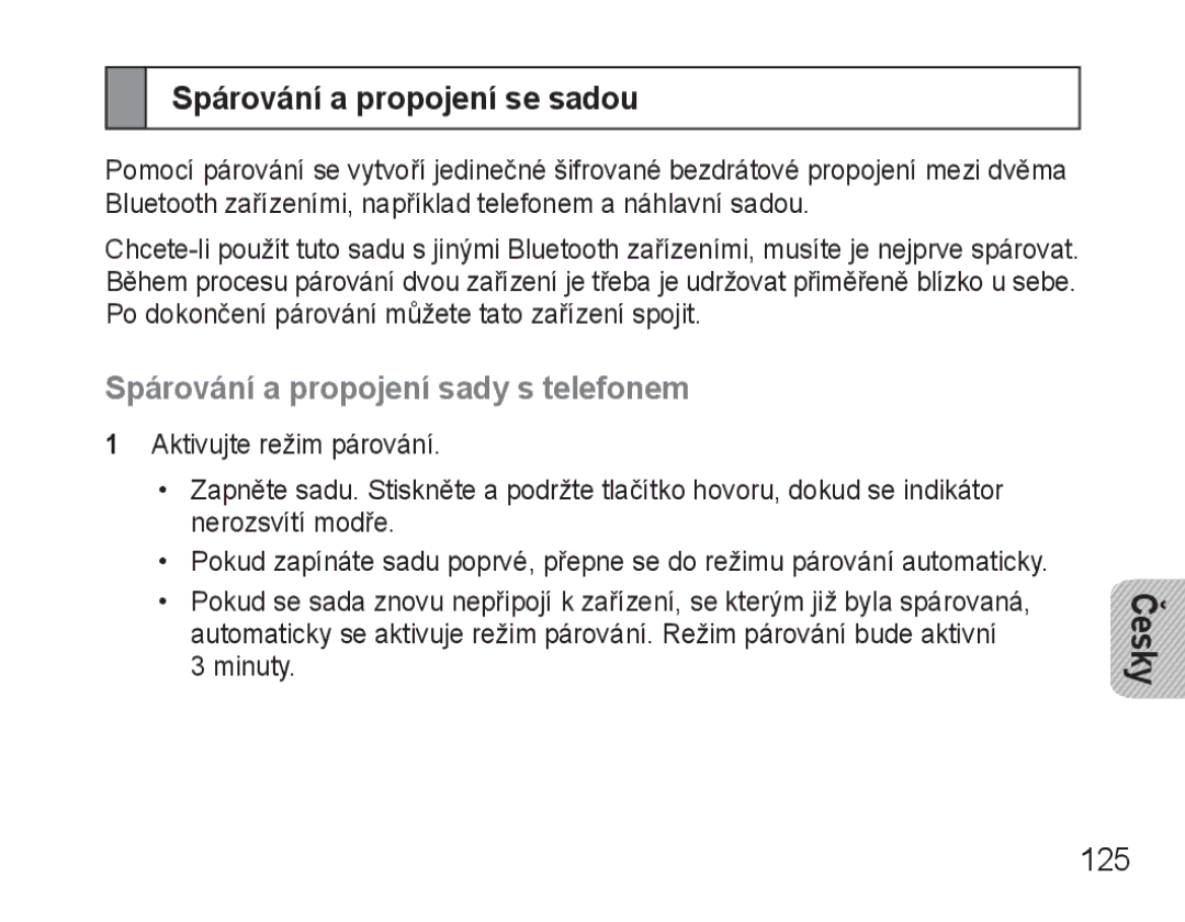 Samsung BHM3500EWECXEH, BHM3500EBECXEH manual Spárování a propojení se sadou, Spárování a propojení sady s telefonem, 125 