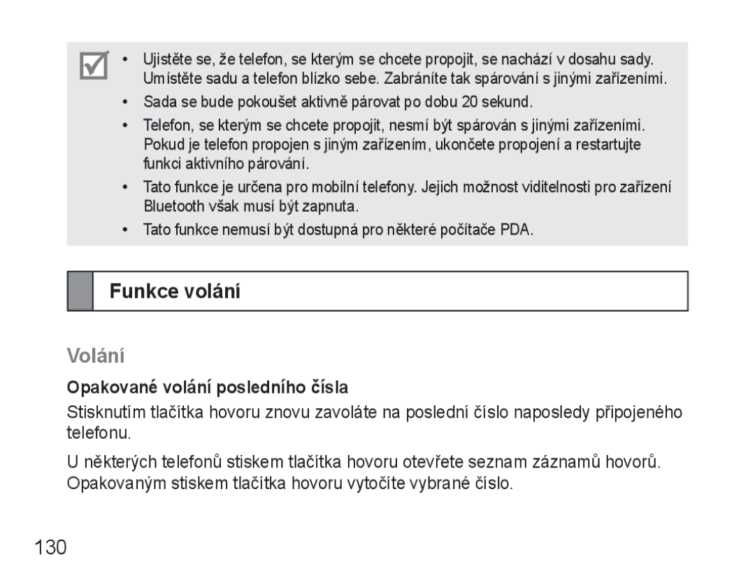 Samsung BHM3500EBECXEH, BHM3500EWECXEH manual Funkce volání, Volání, 130, Opakované volání posledního čísla 