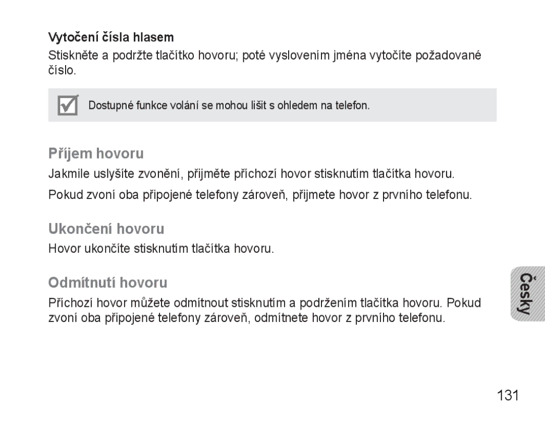 Samsung BHM3500EWECXEH, BHM3500EBECXEH manual Příjem hovoru, Ukončení hovoru, Odmítnutí hovoru, 131, Vytočení čísla hlasem 