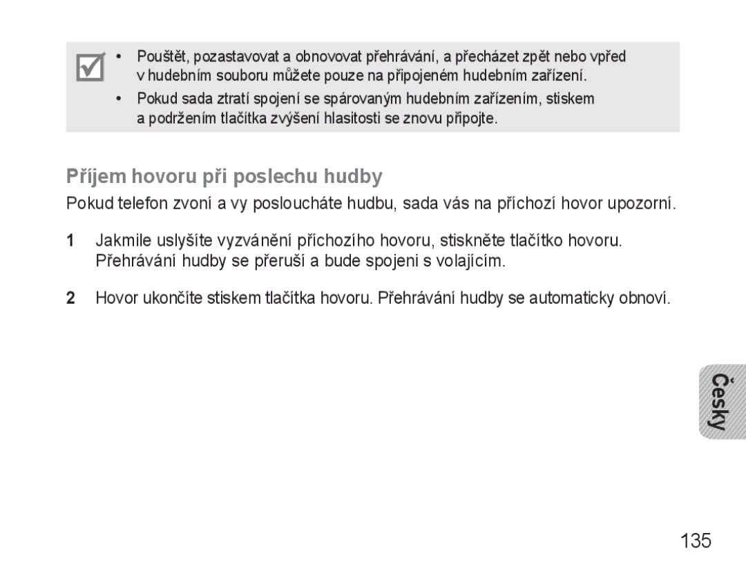 Samsung BHM3500EWECXEH, BHM3500EBECXEH manual Příjem hovoru při poslechu hudby, 135 
