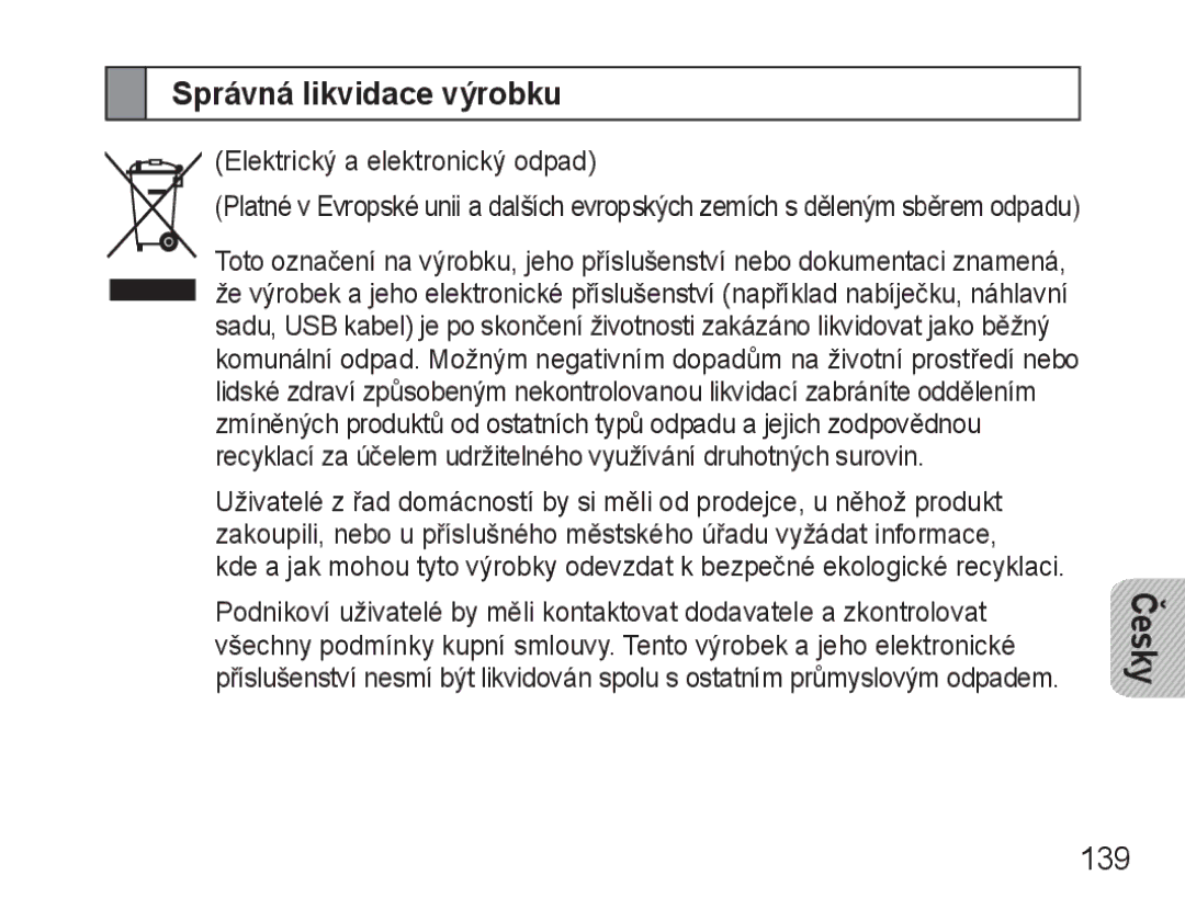 Samsung BHM3500EWECXEH, BHM3500EBECXEH manual Správná likvidace výrobku, 139 