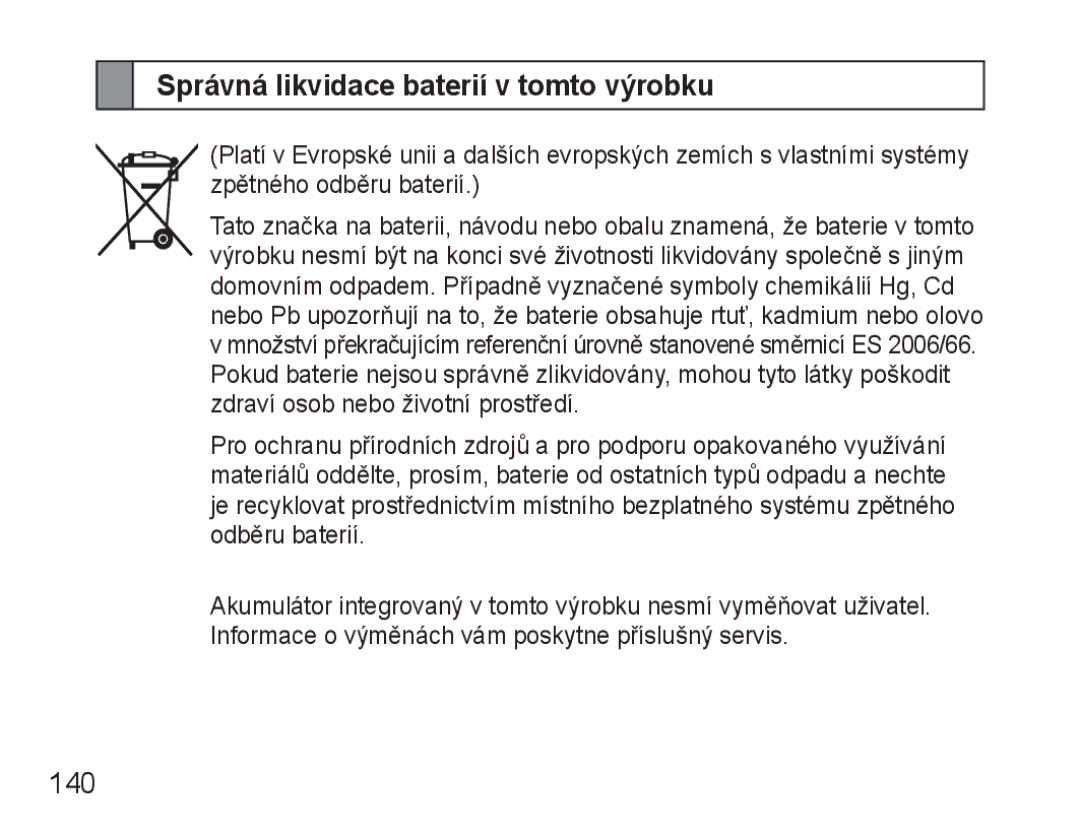 Samsung BHM3500EBECXEH, BHM3500EWECXEH manual Správná likvidace baterií v tomto výrobku, 140 