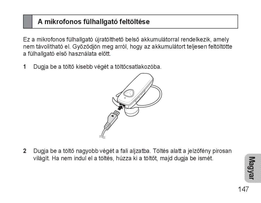 Samsung BHM3500EWECXEH, BHM3500EBECXEH manual Mikrofonos fülhallgató feltöltése, Magyar, 147 