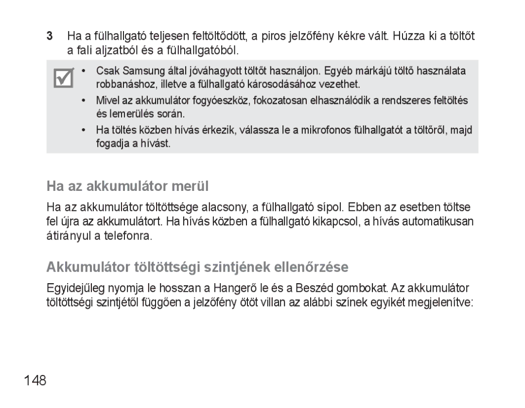 Samsung BHM3500EBECXEH, BHM3500EWECXEH manual Ha az akkumulátor merül, Akkumulátor töltöttségi szintjének ellenőrzése, 148 