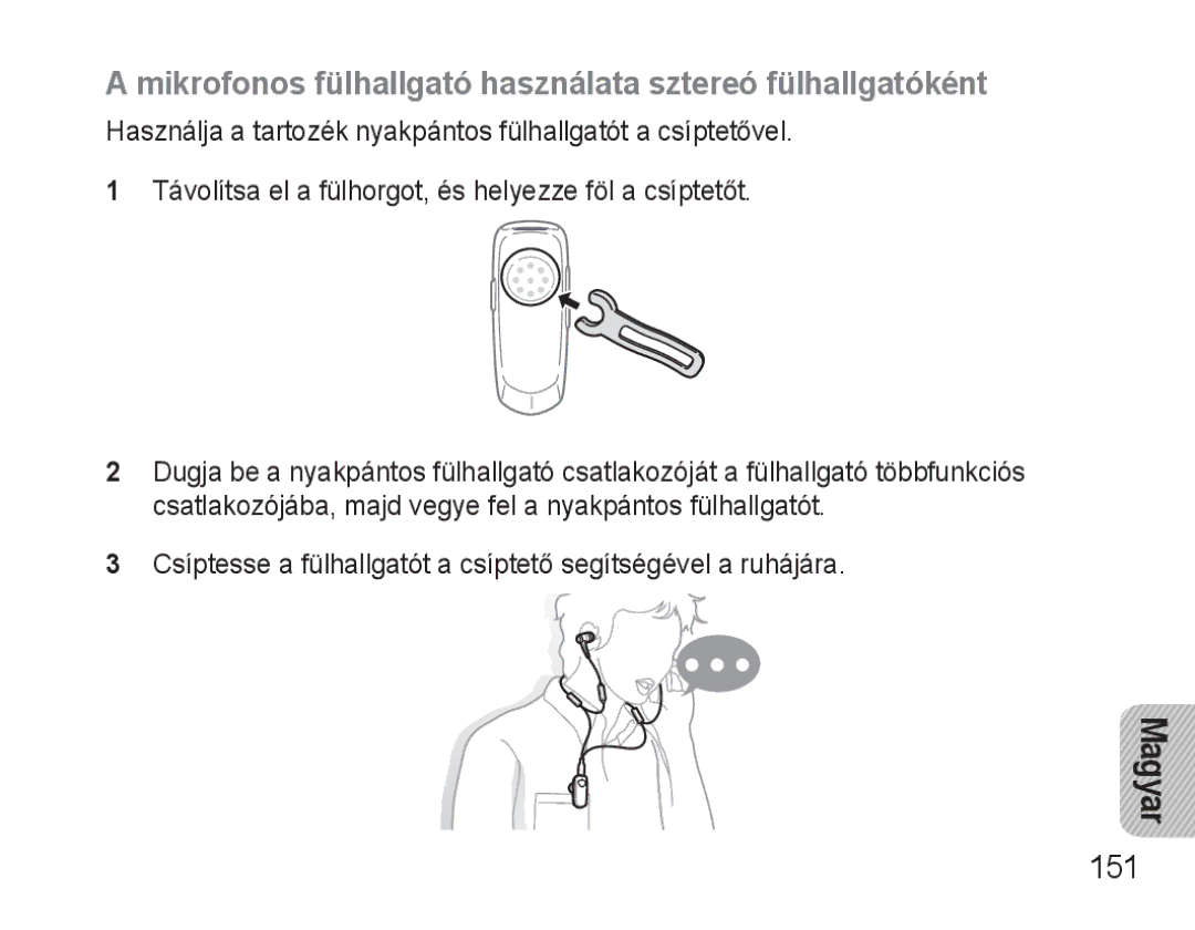 Samsung BHM3500EWECXEH, BHM3500EBECXEH manual Mikrofonos fülhallgató használata sztereó fülhallgatóként, 151 