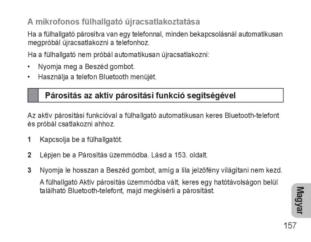 Samsung BHM3500EWECXEH Mikrofonos fülhallgató újracsatlakoztatása, Párosítás az aktív párosítási funkció segítségével, 157 