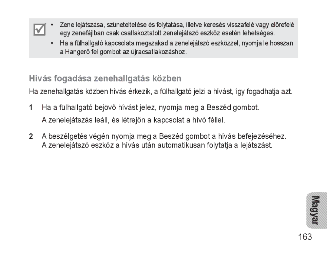Samsung BHM3500EWECXEH, BHM3500EBECXEH manual Hívás fogadása zenehallgatás közben, 163 
