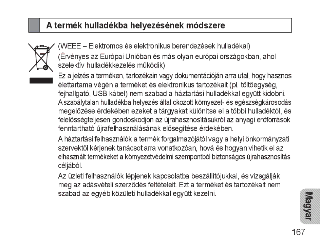 Samsung BHM3500EWECXEH, BHM3500EBECXEH manual Termék hulladékba helyezésének módszere, 167 